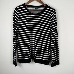 Lauren Ralph Lauren Velour Shirt Long Sleeve Stripe Black White Women's XL